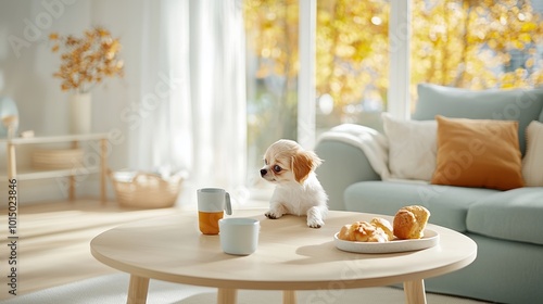 A serene photograph of a small dog being taught a trick by a patient trainer in a bright, airy living room filled with natural light. The inviting atmosphere of the space enhances the comforting