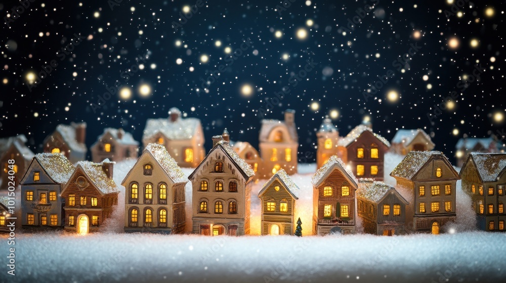 Fototapeta premium Miniature Christmas Village with Glowing Lights