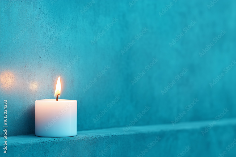 A solitary white candle burns softly against a textured blue wall in a calm setting A solitary white candle burns softly against a textured blue wall in a calm setting