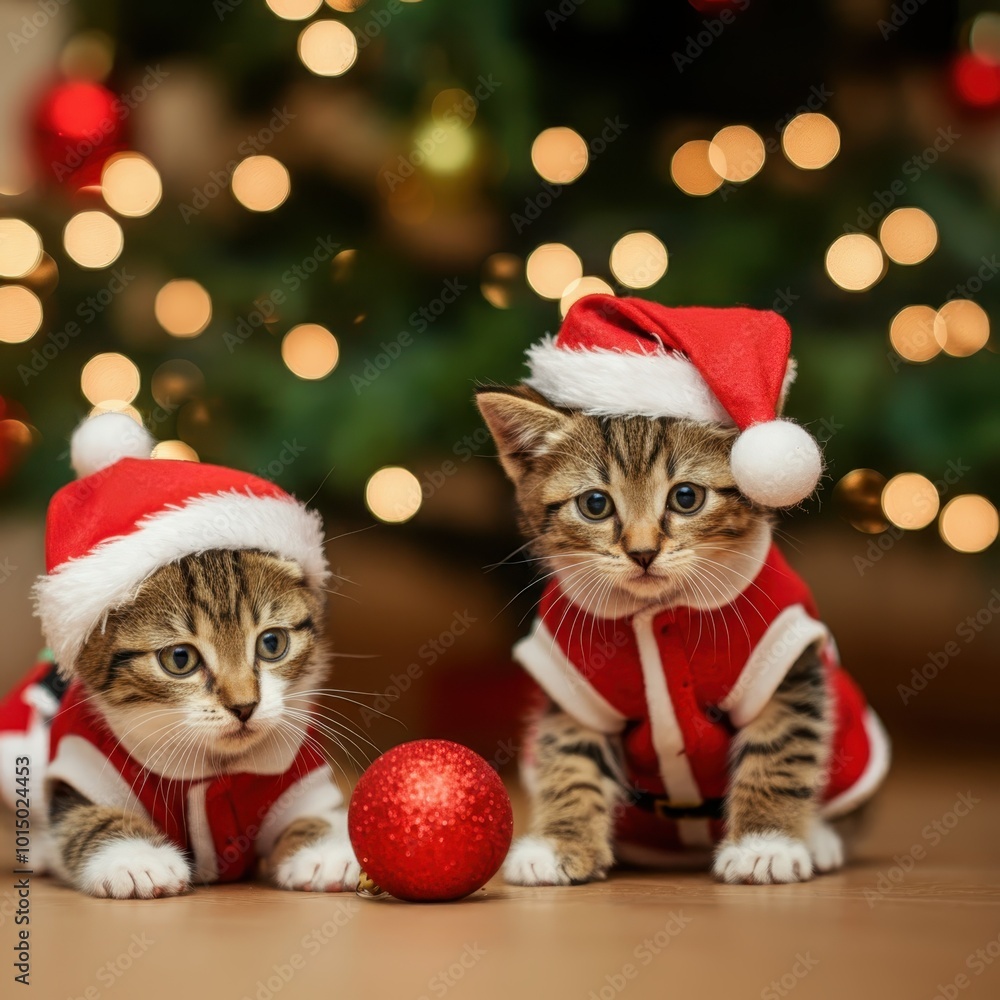 Group of cats wearing red santa costume sitting celebration on bed in the room for christmas theme concept Group of cats wearing red santa costume sitting celebration on bed in the room for christmas theme concept
