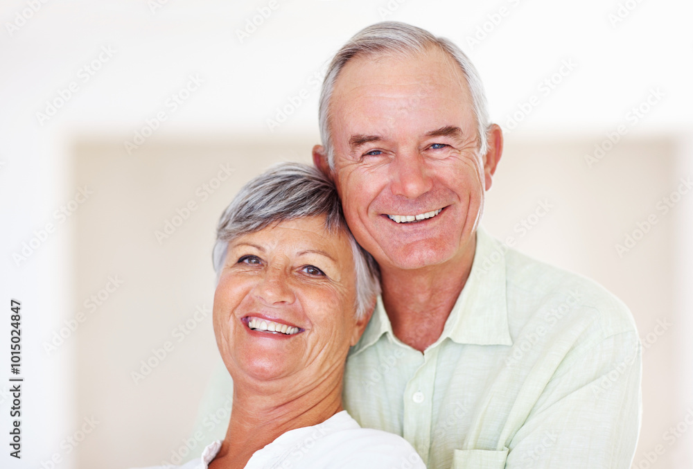 Elderly couple, hug and portrait in home for relax, bonding and love with support, care and romance. Senior people, happy and connection in house for weekend break, marriage and embrace with trust Elderly couple, hug and portrait in home for relax, bonding and love with support, care and romance. Senior people, happy and connection in house for weekend break, marriage and embrace with trust
