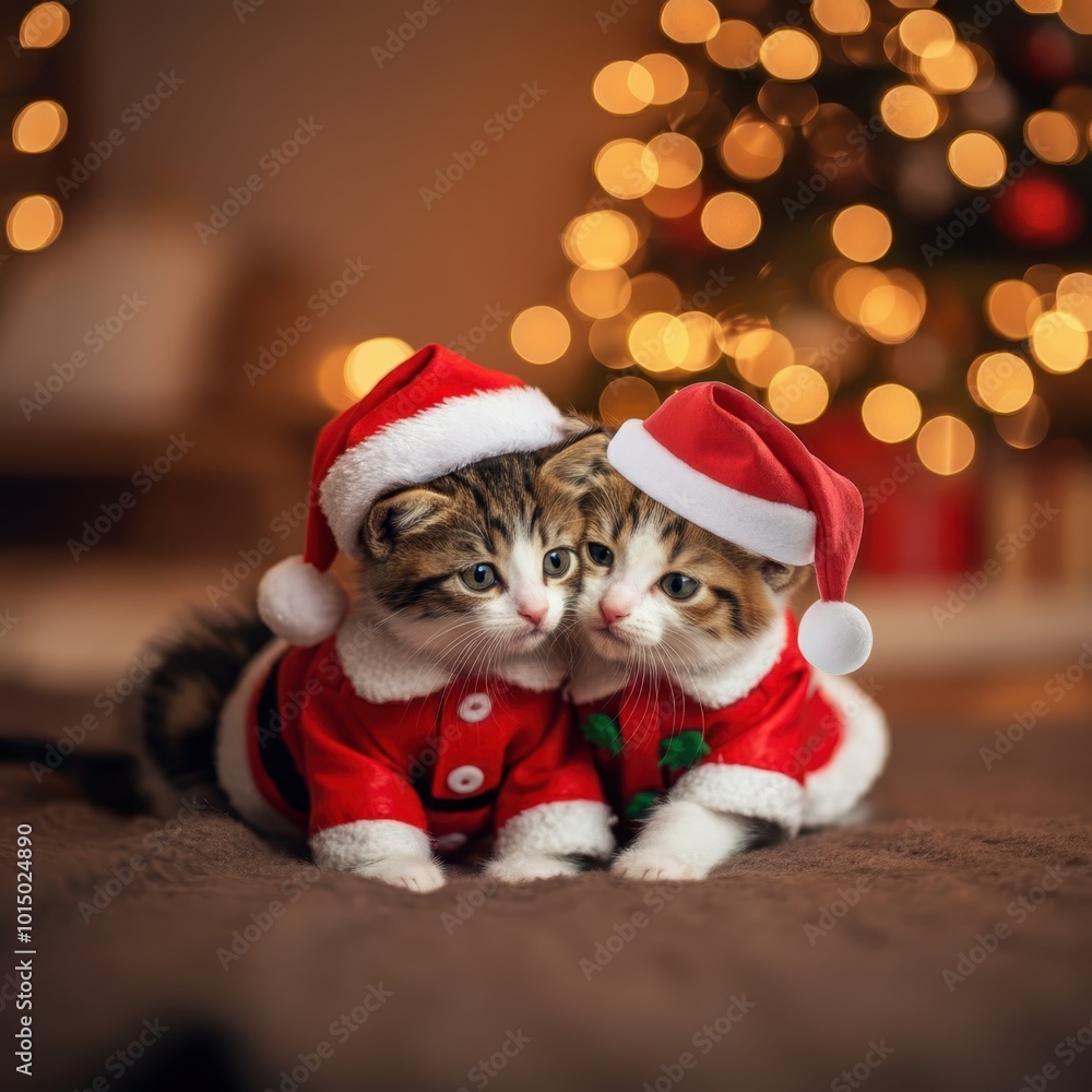 Group of cats wearing red santa costume sitting celebration on bed in the room for christmas theme concept Group of cats wearing red santa costume sitting celebration on bed in the room for christmas theme concept