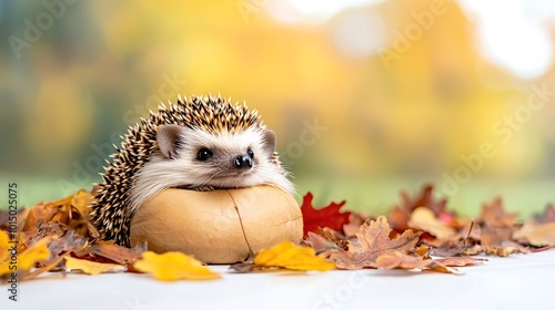 A serene portrait of a hedgehog curled up among fallen leaves, showcasing intricate details in its spines and expressive eyes, against a softly blurred woodland backdrop. Product photography with