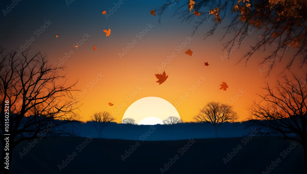 Obraz premium sunset over autumn landscape with bare trees and falling leaves