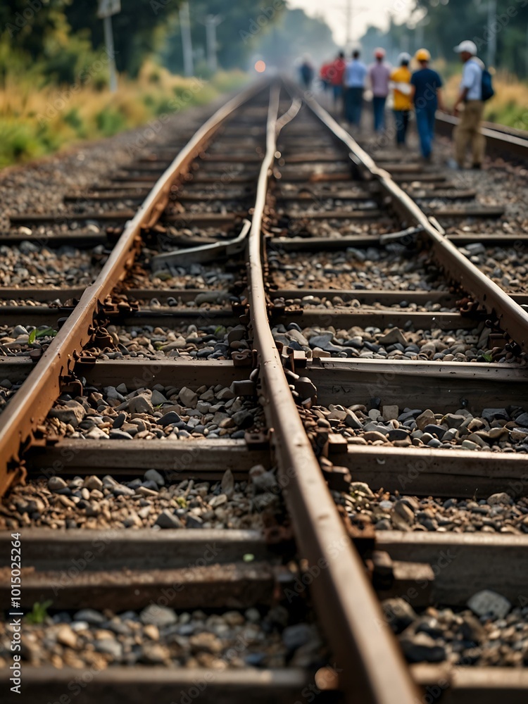 Railway tracks with workers in the background Railway tracks with workers in the background
