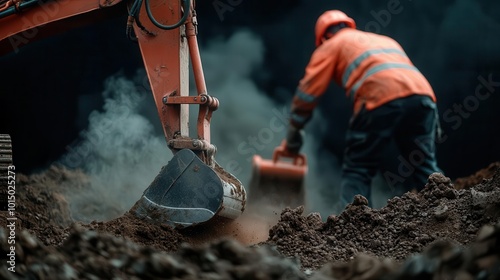 Wallpaper Mural Construction workers using heavy machinery to lay foundation, dust and activity in motion, Foundation construction, Site preparation Torontodigital.ca