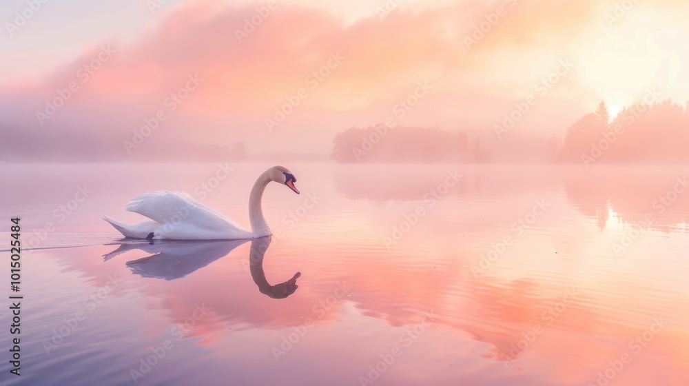 Fototapeta premium Ethereal Sunrise with Swan Gliding on Misty Lake - Nature Serenity and Tranquility