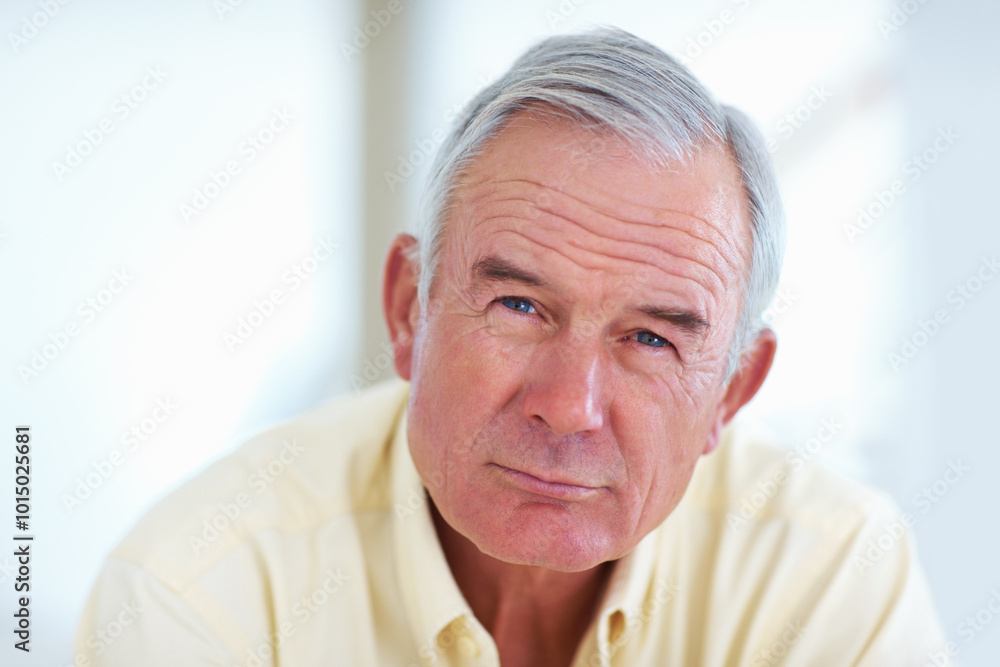 Home, senior man and portrait on sofa for brainstorming, memory and thoughts in retirement on couch. Mockup space, male person and serious with ideas for decision, choice and thinking in living room Home, senior man and portrait on sofa for brainstorming, memory and thoughts in retirement on couch. Mockup space, male person and serious with ideas for decision, choice and thinking in living room