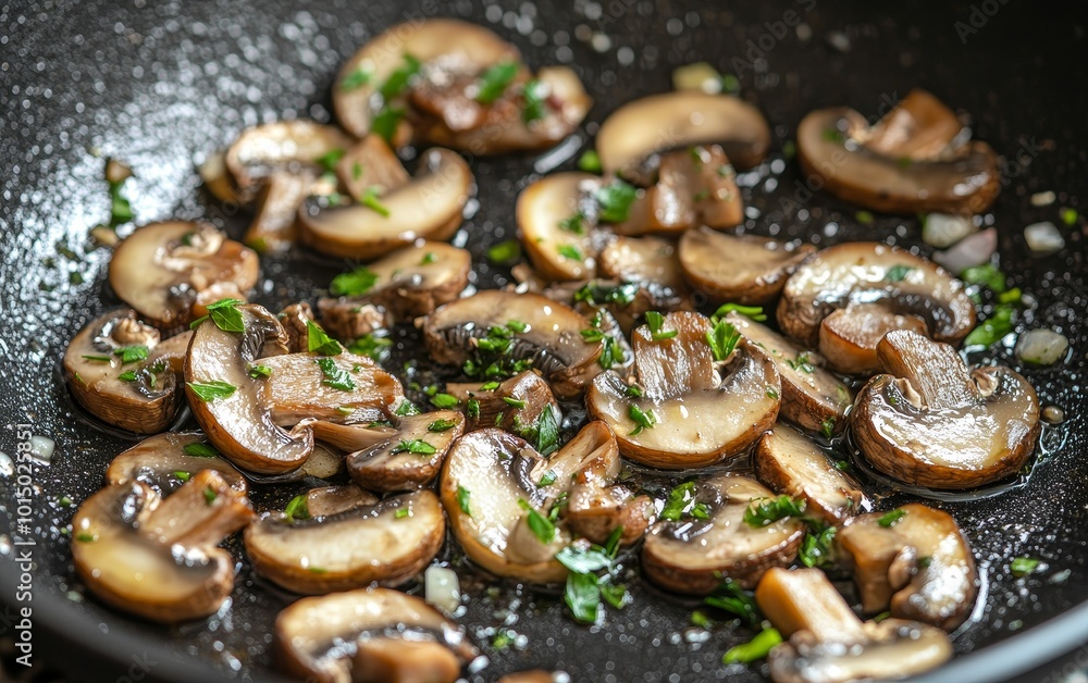 Saut?ed mushrooms with herbs in a frying pan, showcasing a delicious cooking process. Saut?ed mushrooms with herbs in a frying pan, showcasing a delicious cooking process.