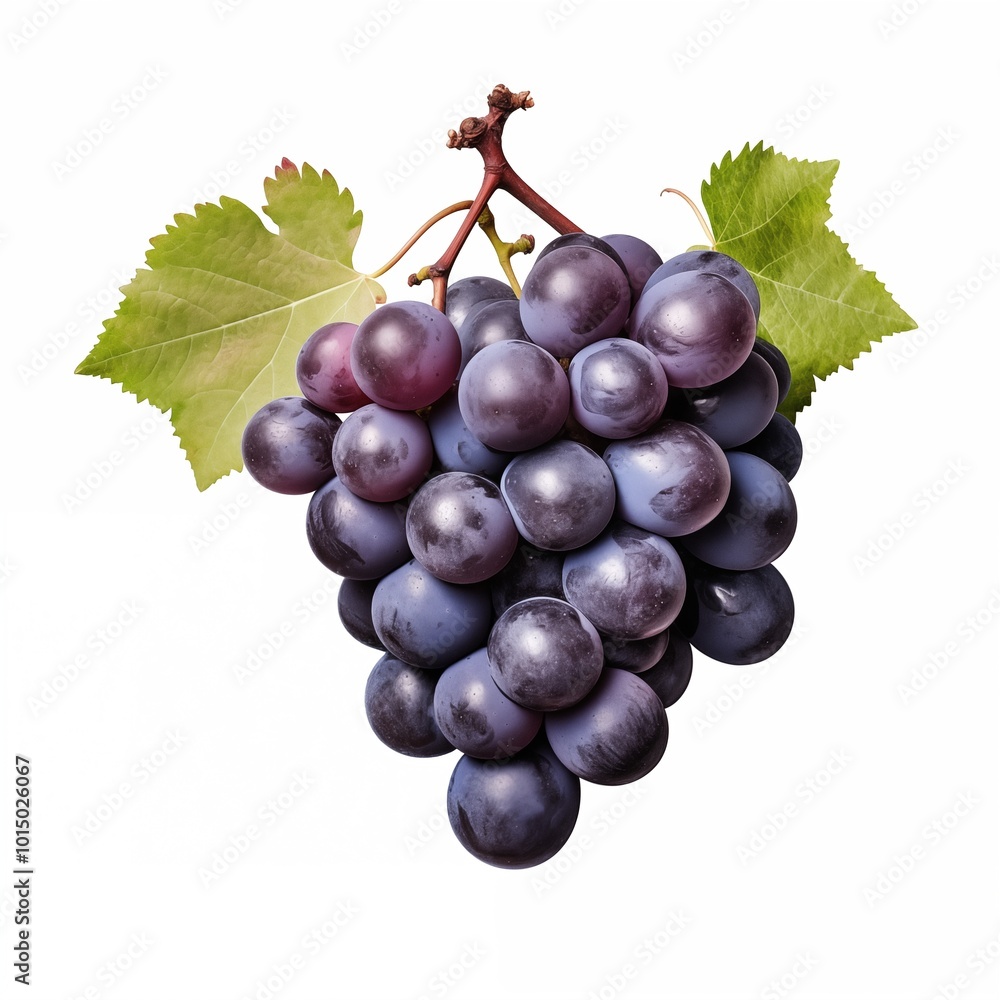 Fototapeta premium A cluster of fresh grapes in deep purple on a white background.generative ai illustration