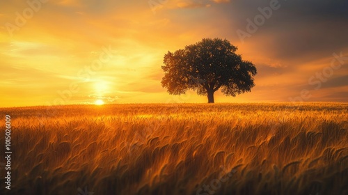 A field of barley rippling in the breeze, with a lone tree on the horizon under a golden sunset.