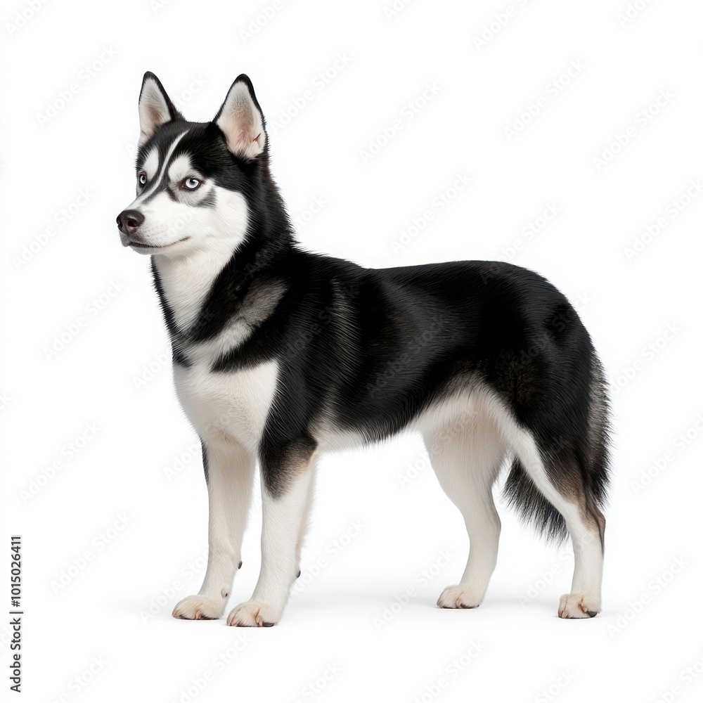 Siberian Husky Dog Bundle: Portrait of Standing, Sitting, and Lying Huskies Isolated on White