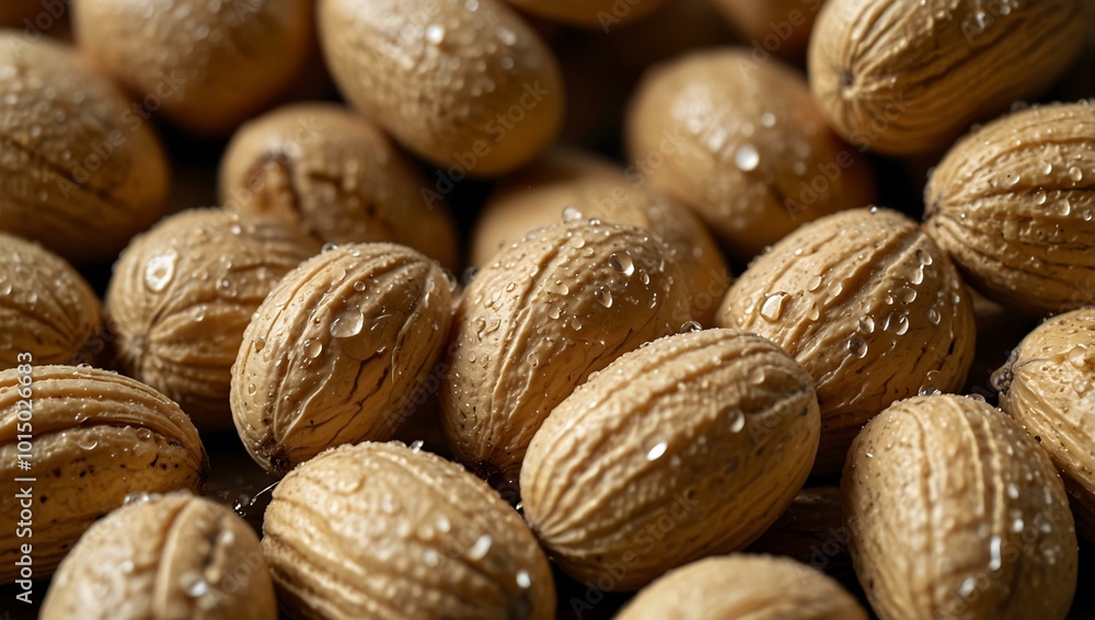 Raw peanuts with droplets of water in the background.
