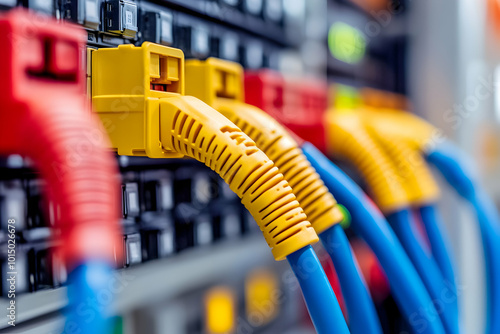 Yellow and Blue Network Cables in Server Rack - Realistic Photo