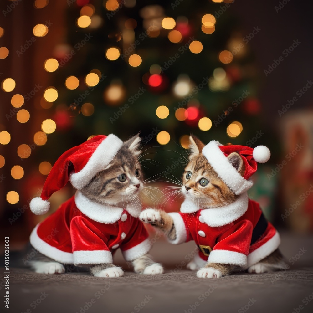 Group of cats wearing red santa costume sitting celebration on bed in the room for christmas theme concept Group of cats wearing red santa costume sitting celebration on bed in the room for christmas theme concept