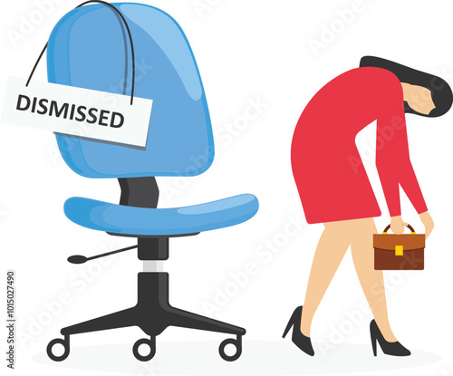 Dismissed. Fired from job. Business chair with box with office things. Flat style vector illustration.

