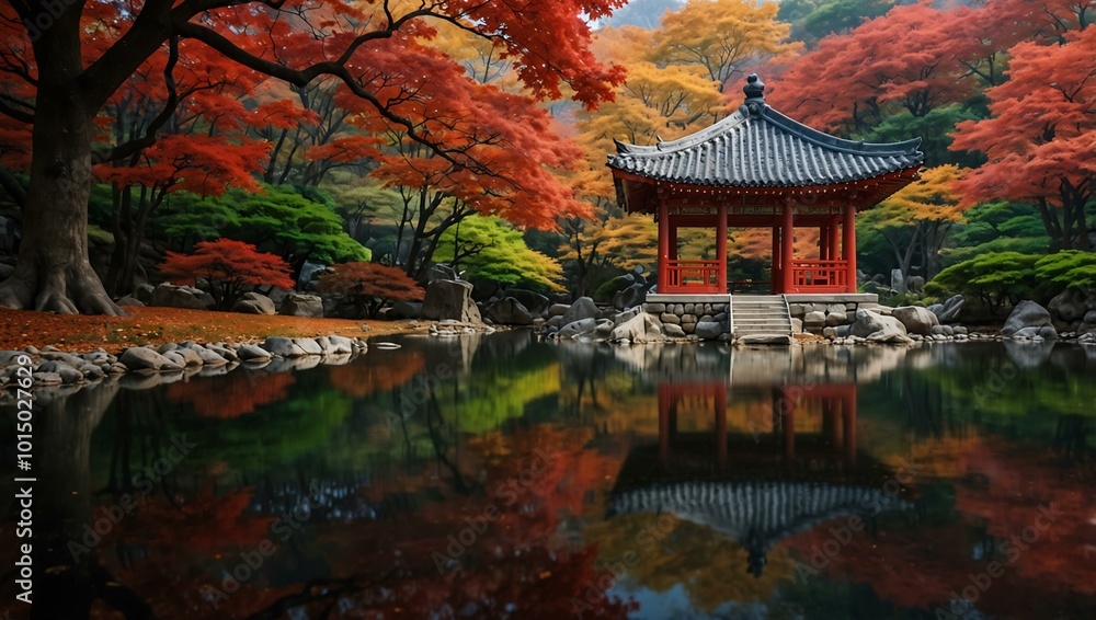 Red ancient pavilion framed by colorful maple trees in a small pond at Naejangsan National Park, South Korea. Red ancient pavilion framed by colorful maple trees in a small pond at Naejangsan National Park, South Korea.