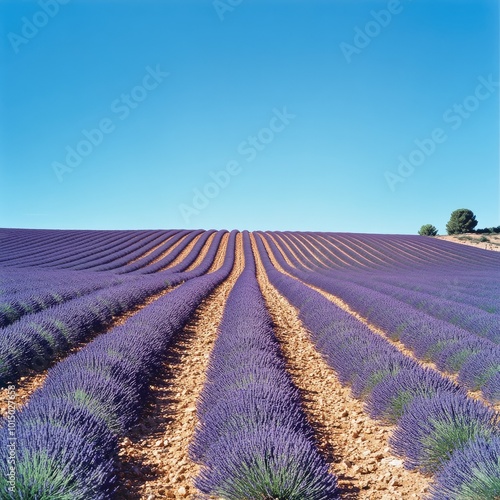 A field of lavender in Provence, France, with neat rows of purple flowers stretching toward the horizon under a clear blue sky