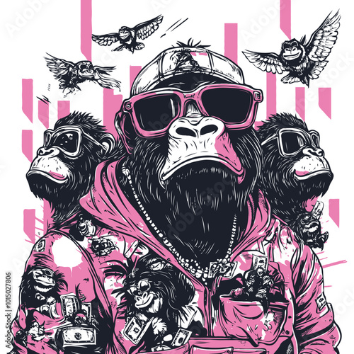 Fashionable gorillas wearing trendy glasses and lavish patterned shirts, with a background of repeated rectangular brush strokes, flying2v