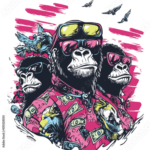 Fashionable gorillas wearing trendy glasses and lavish patterned shirts, with a background of repeated rectangular brush strokes, flying3