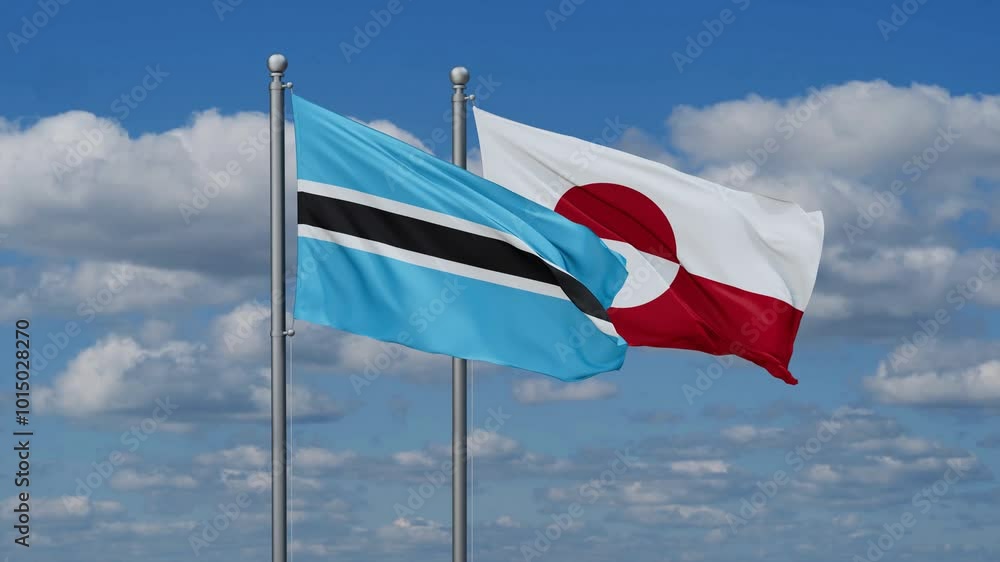 Greenland and Botswana flags flying together, video concept of the relationship, two country relations concept Greenland and Botswana flags flying together, video concept of the relationship, two country relations concept