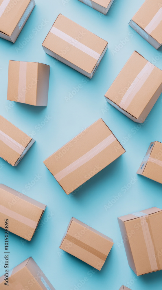 Cardboard boxes arranged in a pattern on light blue background, concept of shipping Cardboard boxes arranged in a pattern on light blue background, concept of shipping