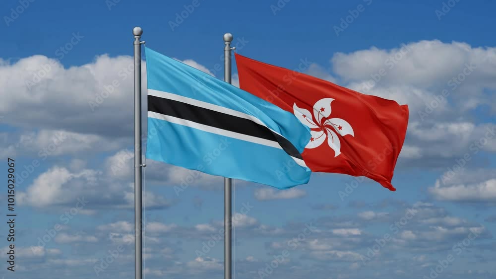 Hong Kong and Botswana flags flying together, video concept of the relationship, two country relations concept Hong Kong and Botswana flags flying together, video concept of the relationship, two country relations concept