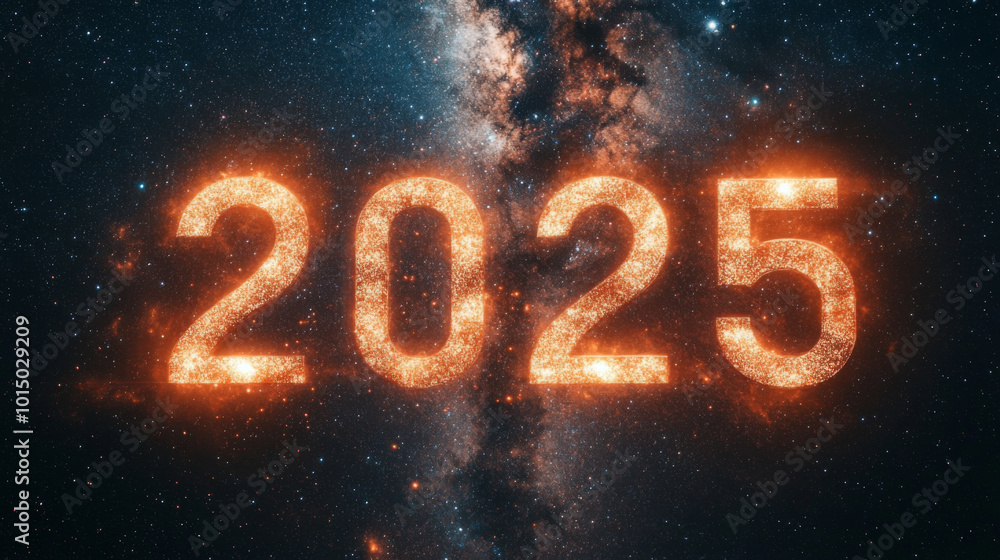Golden New Year 2025 in space with dark galaxy background Golden New Year 2025 in space with dark galaxy background