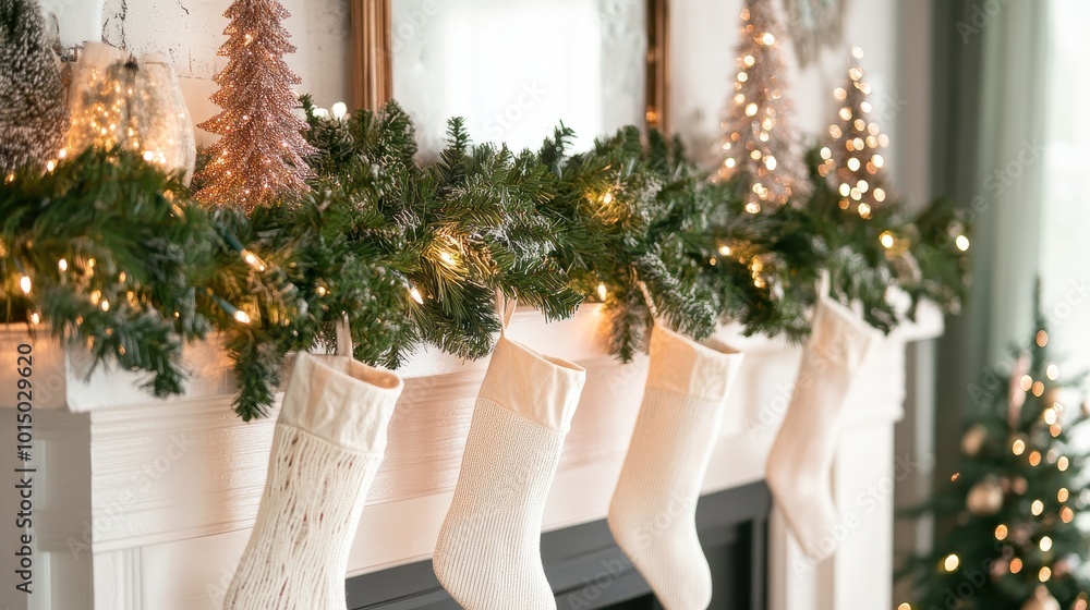 Elegant Mantel with Evergreen Holiday Decorations Elegant Mantel with Evergreen Holiday Decorations