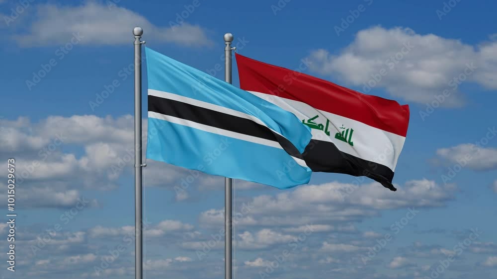 Iraq and Botswana two flags waving together on blue , video concept of the relationship Iraq and Botswana two flags waving together on blue , video concept of the relationship