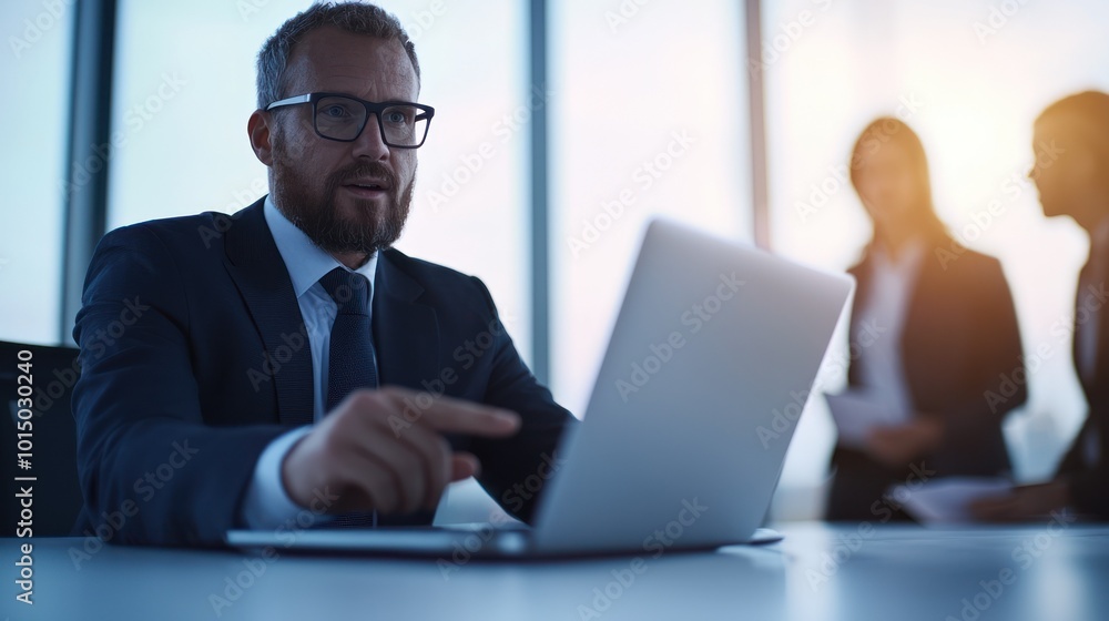 Professional man using laptop in modern office with colleagues in the background discussing a project. Professional man using laptop in modern office with colleagues in the background discussing a project.