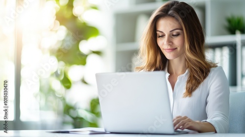 Professionally dressed woman working on a laptop in a bright, modern office environment.