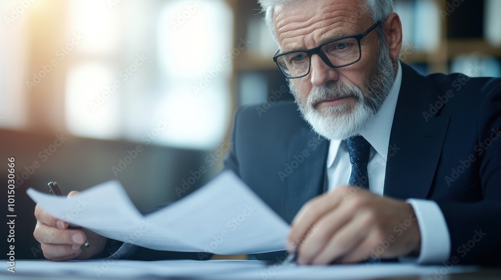 Serious businessman reviewing documents in an office setting, focused on details and analysis. Serious businessman reviewing documents in an office setting, focused on details and analysis.
