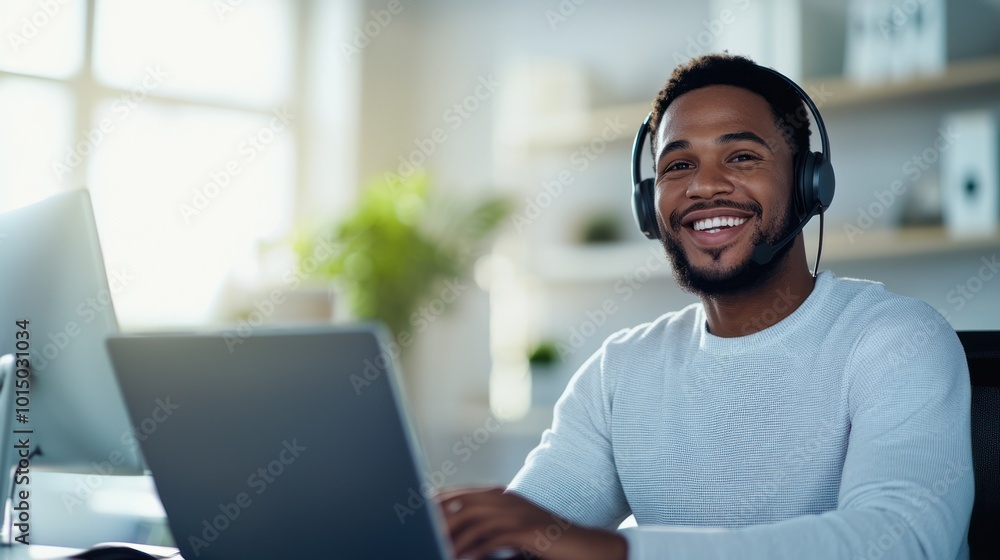 Smiling man in headphones working on a laptop at home, enjoying remote work. Smiling man in headphones working on a laptop at home, enjoying remote work.