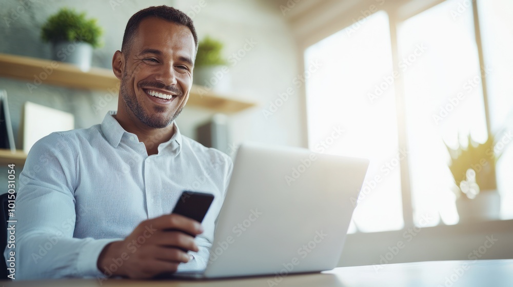 Smiling man using laptop and smartphone in modern workspace. Smiling man using laptop and smartphone in modern workspace.