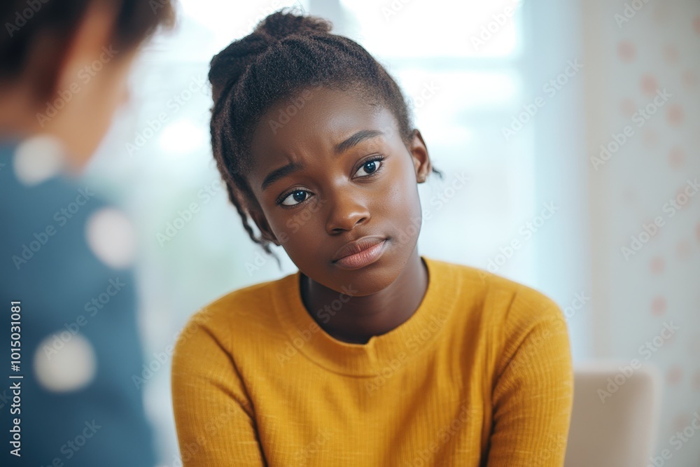 Troubled Teen: A young Black woman in a mustard yellow sweater expresses concern and worry during a serious conversation. The image portrays vulnerability and the need for support. Troubled Teen: A young Black woman in a mustard yellow sweater expresses concern and worry during a serious conversation. The image portrays vulnerability and the need for support.