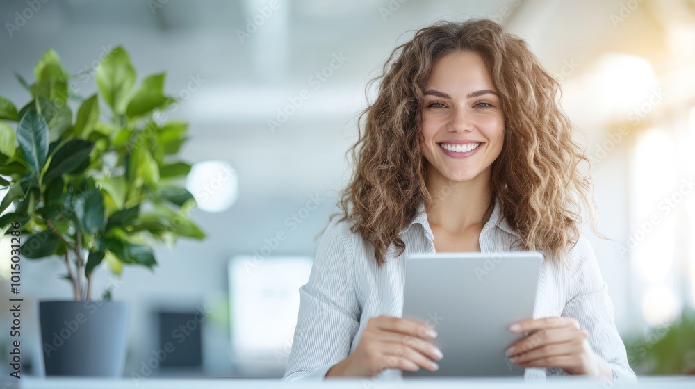 Smiling woman holding tablet in modern office with plant in background, bright and cheerful atmosphere. Smiling woman holding tablet in modern office with plant in background, bright and cheerful atmosphere.