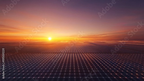 visualization of renewable energy solar Futuristic Solar Farm at Sunset Horizon