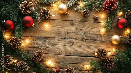 Rustic Christmas Festive Background: Warm string lights, pine cones, and Christmas ornaments create a charming holiday scene on a rustic wooden backdrop. photo