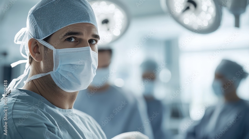 Surgeon wearing mask and surgical attire in a focused operating room environment. Surgeon wearing mask and surgical attire in a focused operating room environment.