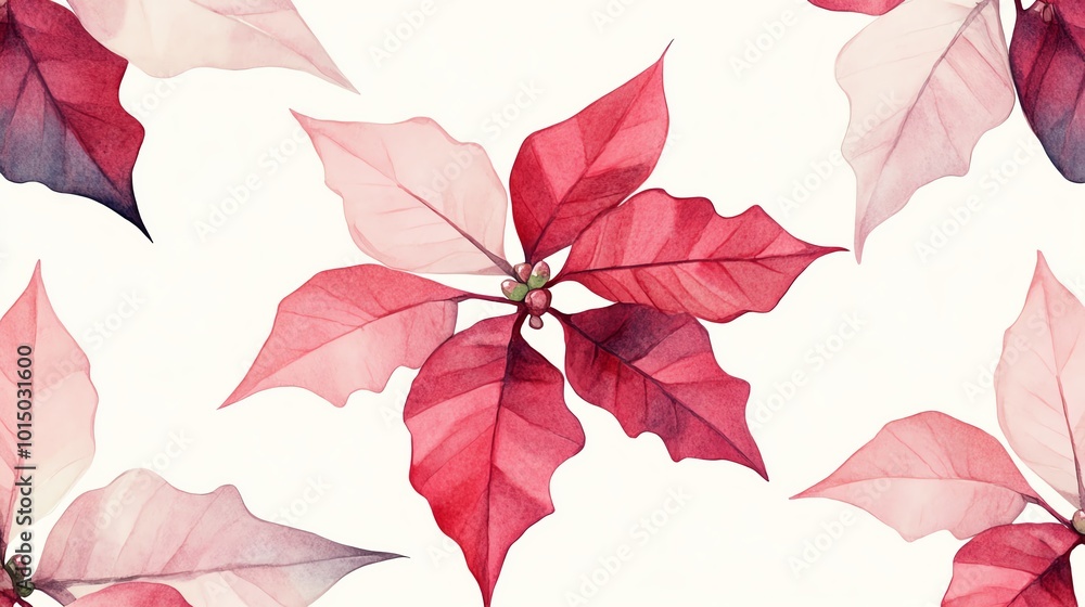 Elegant watercolor poinsettia leaf pattern. Soft pink and red tones create a festive, decorative design perfect for holiday backgrounds. Elegant watercolor poinsettia leaf pattern. Soft pink and red tones create a festive, decorative design perfect for holiday backgrounds.