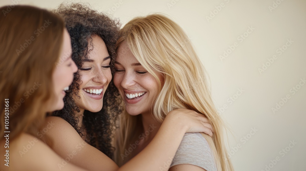 Three friends sharing a joyful moment, smiling and embracing each other. Three friends sharing a joyful moment, smiling and embracing each other.