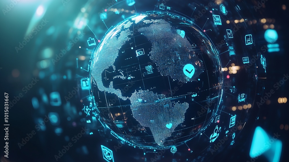 Obraz premium Digital globe with interconnected icons representing technology.