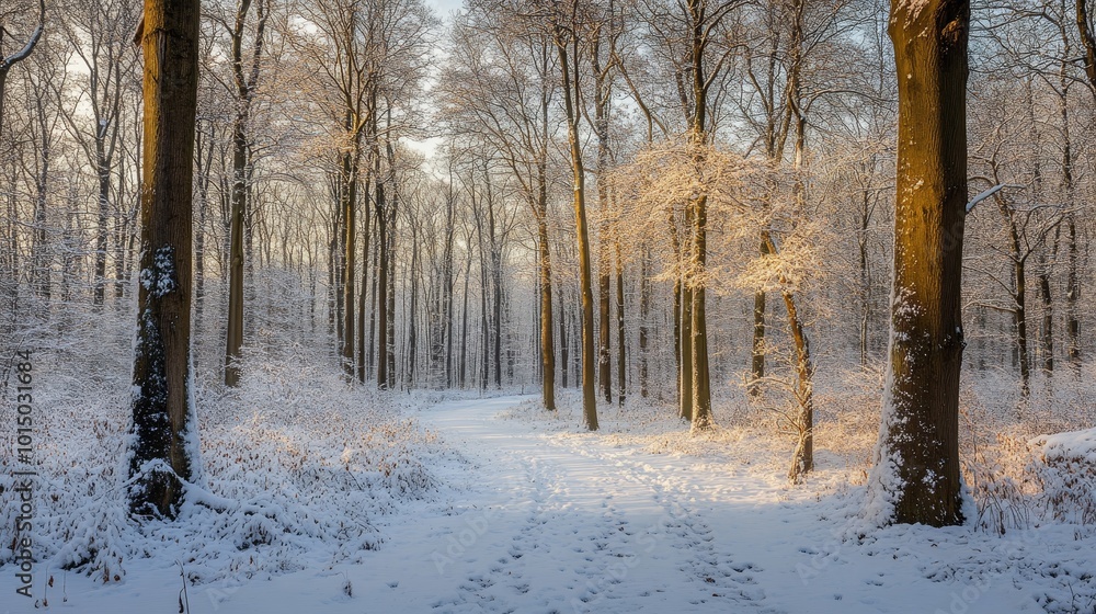 A serene winter forest scene with snow-covered trees and a tranquil path illuminated by soft sunlight. A serene winter forest scene with snow-covered trees and a tranquil path illuminated by soft sunlight.