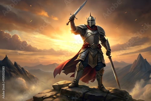 knight in armor and helmet with shield and sword stands on a rock