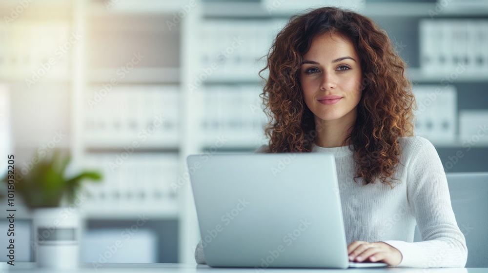 Young woman working on a laptop in a modern office environment, focused and motivated. Young woman working on a laptop in a modern office environment, focused and motivated.
