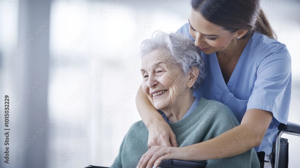 Obraz premium A caregiver sharing a warm moment with an elderly woman in a wheelchair, showcasing compassion and care.