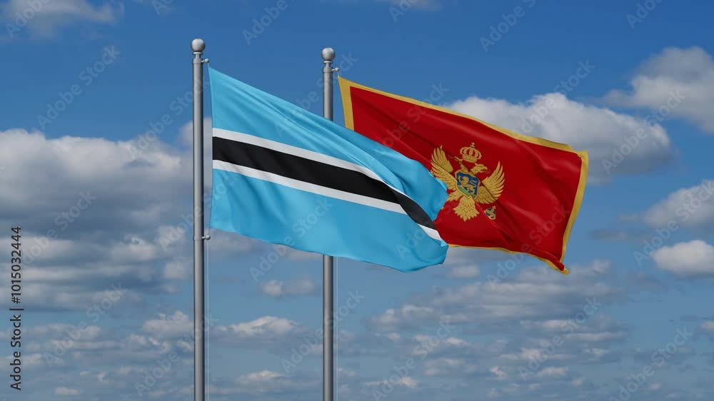 Montenegro and Botswana flags flying together, video concept of the relationship, two country cooperation concept Montenegro and Botswana flags flying together, video concept of the relationship, two country cooperation concept