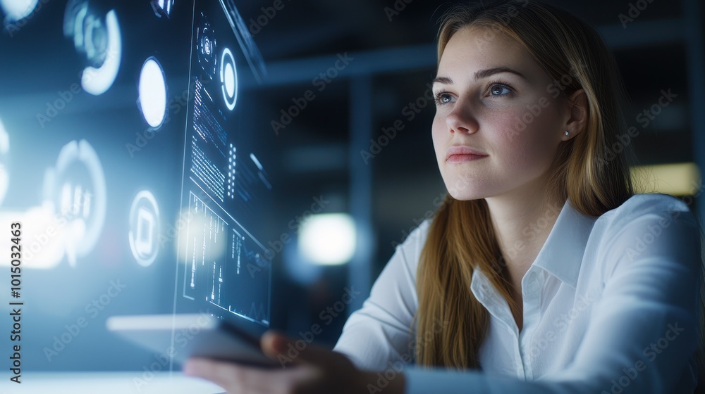 A focused woman interacting with digital data on a screen in a modern office setting. A focused woman interacting with digital data on a screen in a modern office setting.