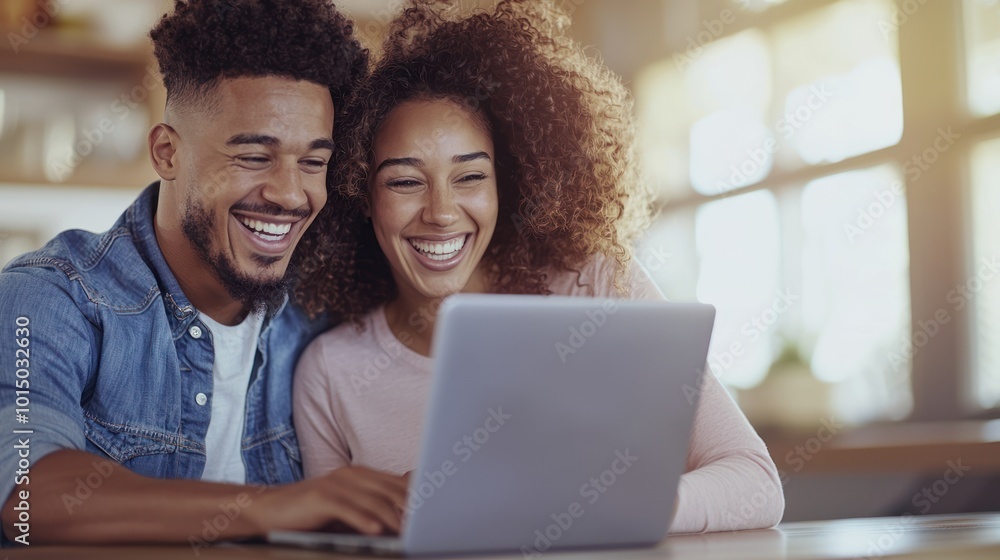 A joyful couple interacting with a laptop, sharing moments of happiness and connection, indoor setting. A joyful couple interacting with a laptop, sharing moments of happiness and connection, indoor setting.
